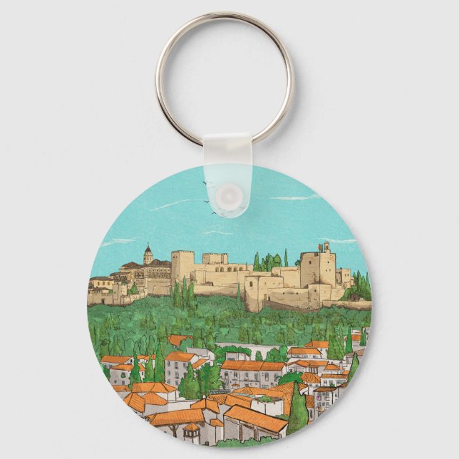Granada Cityview Spain Landscape Illustration Key Ring (Front)