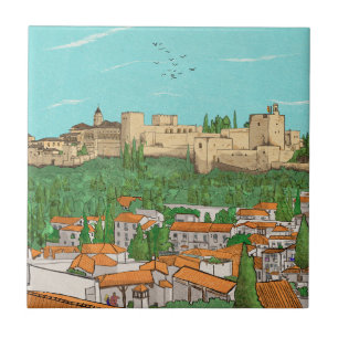 Granada Cityview Spain Landscape Illustration Tile
