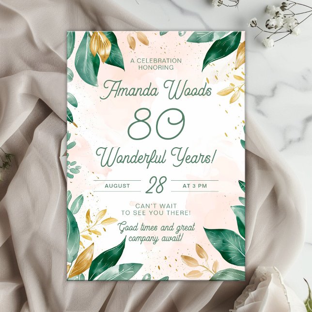 Grand 80th Green and Golden Leaf birthday Invitation (Creator Uploaded)