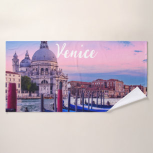 Grand Canal with gondolas and church in Venice Bath Towel