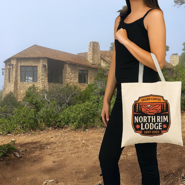 Grand Canyon North Rim Lodge 1937–2025 Tribute Tote Bag (woman walking with her Grand Canyon North Rim Lodge commemorative tote bag.)