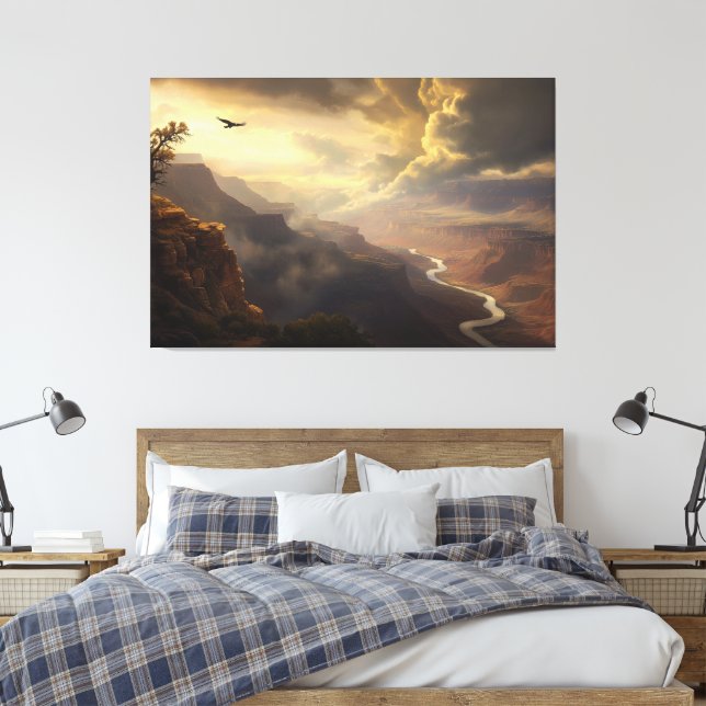Grand Canyon Radiance: Soaring Bird & Golden Glow  Canvas Print (Insitu(Bedroom))