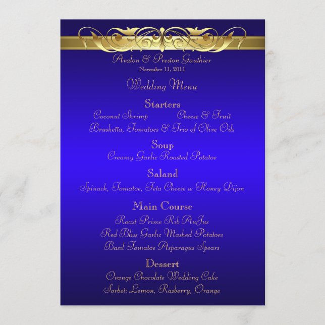 Grand Duchess Blue Scroll Wedding Menu (Front)
