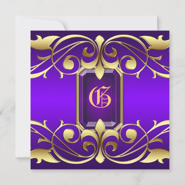 Grand Duchess Purple Jewel Gold Scroll Invitation (Front)