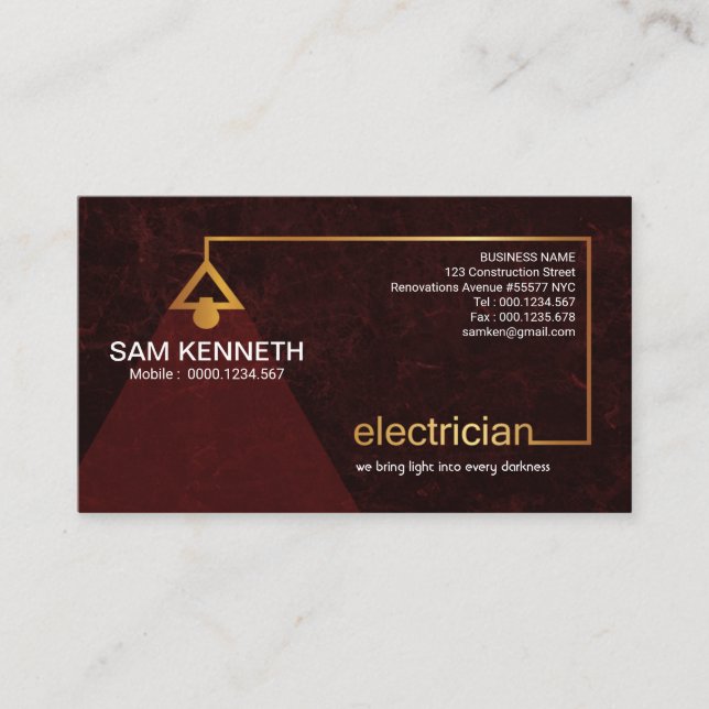 Grand Elegant Red Grunge Gold Art Electrician Business Card (Front)