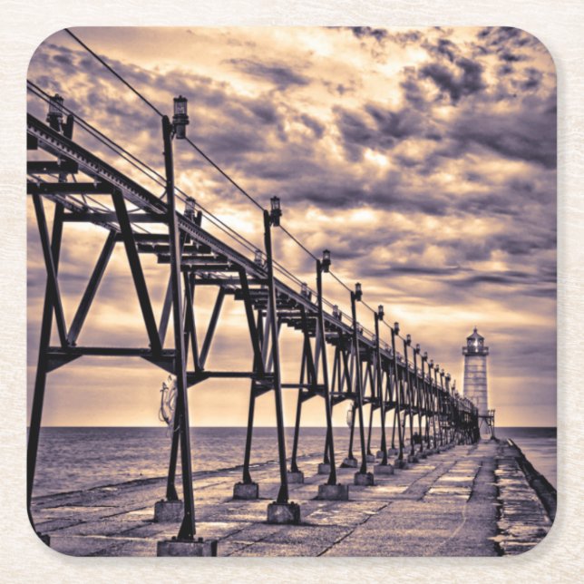 Grand Haven lighthouse and pier, Grand Haven Square Paper Coaster (Front)