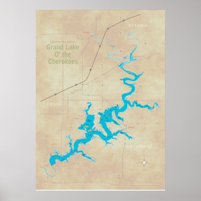 Grand Lake OK map tan 21 Poster (Front)