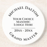 Grand Master Masonic Coaster<br><div class="desc">A coaster to commemorate a Grand Master at a Masonic Lodge or Masonic Temple. Personalise to include name,  Grand Master Masonic title,  Lodge,  and date. Unique memento of a special role. Grand Master Masonic coaster. Black lettering on a white base. Ladies Night gift idea.</div>