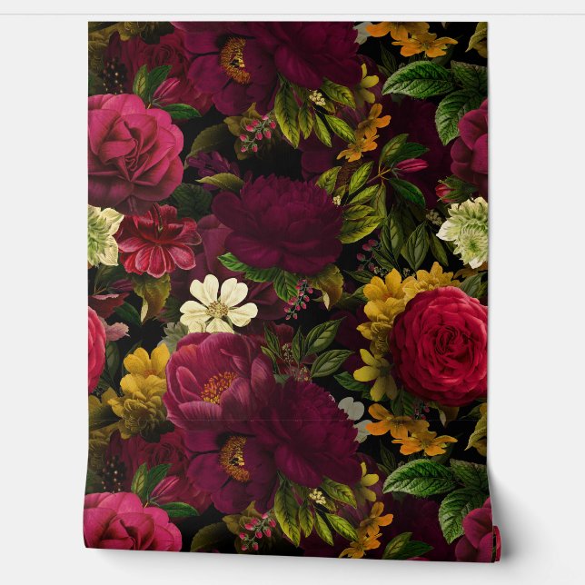 Grand Millennial burgundy Roses Gothic Nostalgic Wallpaper (Unrolling)