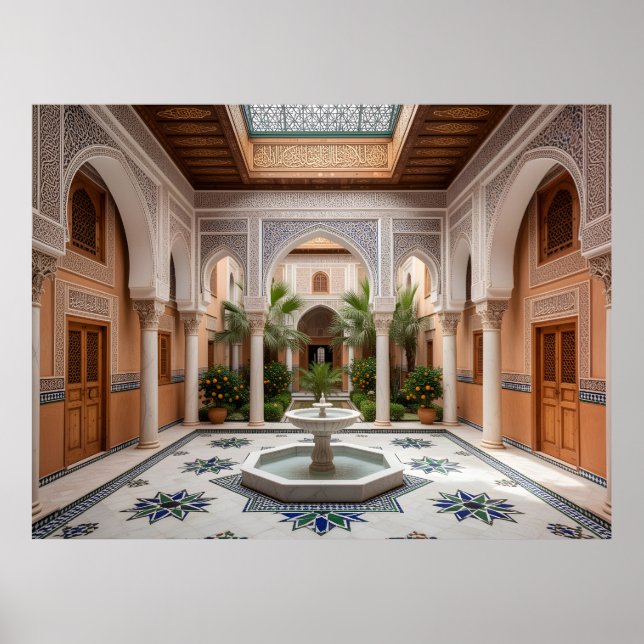 Grand Moroccan Riad Courtyard with Marble Fountain Poster (Front)