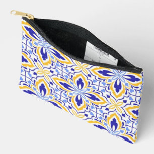 Grand Mosaic Blue and Gold Floral Mediterranean Accessory Pouch