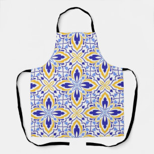 Grand Mosaic Blue and Gold Floral Mediterranean Apron