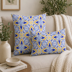 Grand Mosaic Blue and Gold Floral Mediterranean Cushion