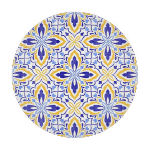 Grand Mosaic Blue and Gold Floral Mediterranean Cutting Board