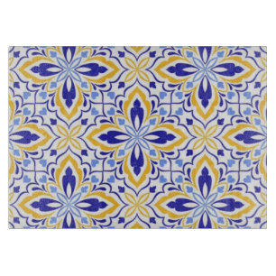 Grand Mosaic Blue and Gold Floral Mediterranean Cutting Board