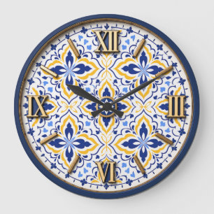 Grand Mosaic Blue and Gold Floral Mediterranean Large Clock