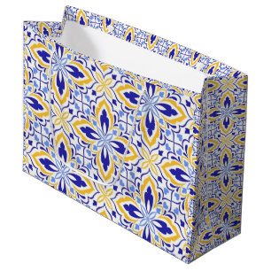 Grand Mosaic Blue and Gold Floral Mediterranean Large Gift Bag