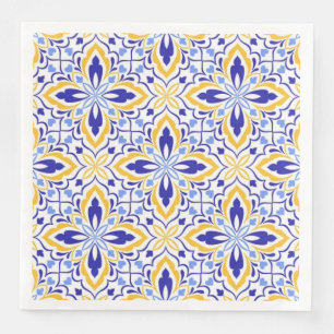 Grand Mosaic Blue and Gold Floral Mediterranean Napkin