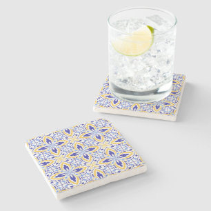 Grand Mosaic Blue and Gold Floral Mediterranean Stone Coaster