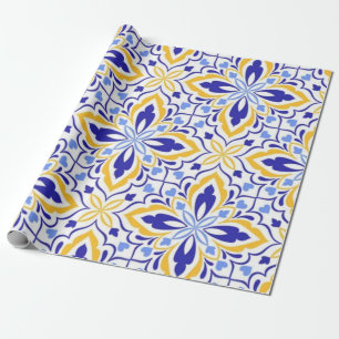 Grand Mosaic Blue and Gold Floral Mediterranean Wrapping Paper