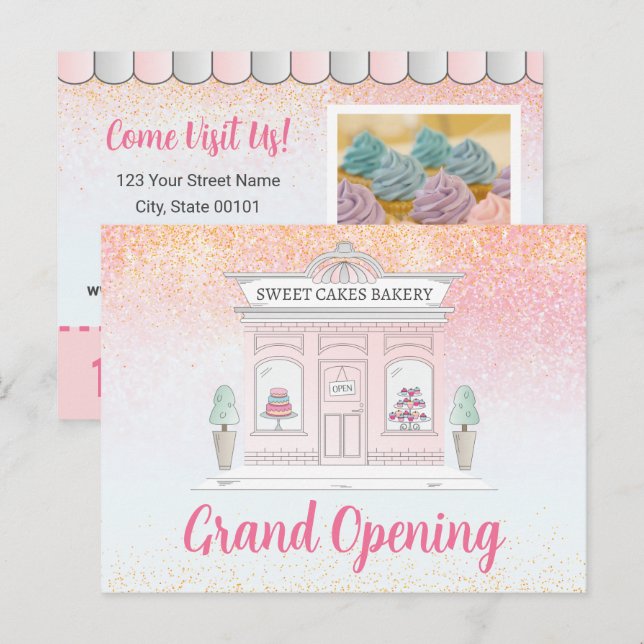 Grand Opening Bakery Cafe Pink Glitter Announcement Postcard (Front/Back)