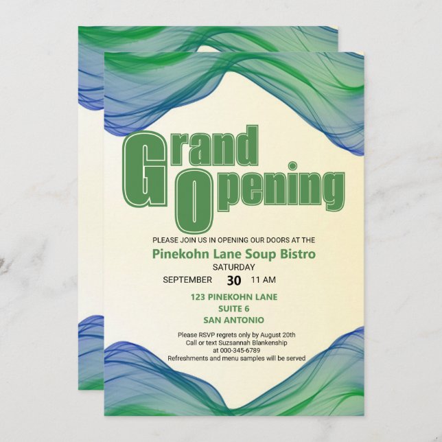 Grand Opening Blue Green Border Watercolor Waves Invitation (Front/Back)