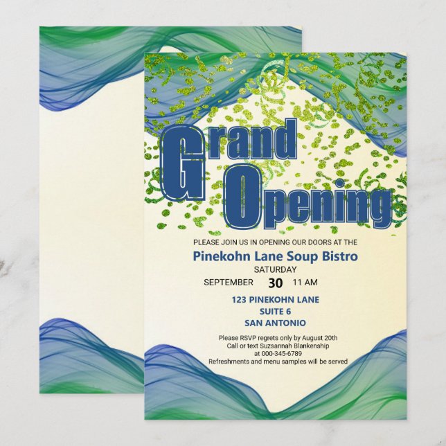 Grand Opening Blue Green Border Waves  Invitation (Front/Back)