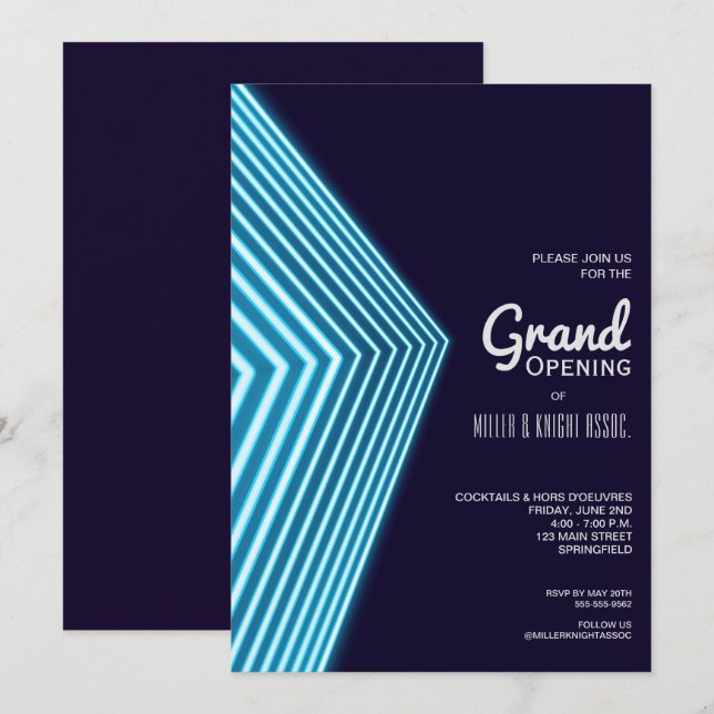 Grand Opening Blue Neon Invitations (Front/Back)