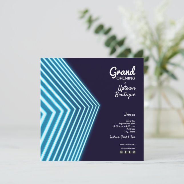 Grand Opening Blue Neon Invitations (Standing Front)