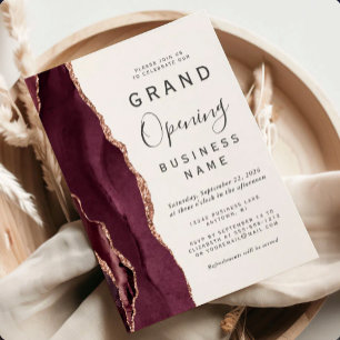 Grand Opening Burgundy Rose Gold Agate Invitation