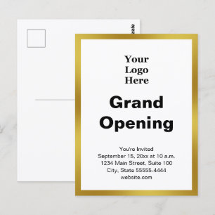 Grand Opening Business Logo Gold White Invitation Postcard