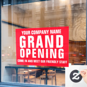 Grand opening business signage bright red window cling