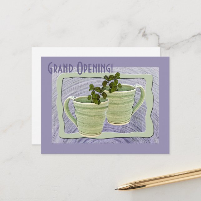 Grand Opening Green Spiral Mugs Mint Sprigs Photo Postcard (Front/Back In Situ)