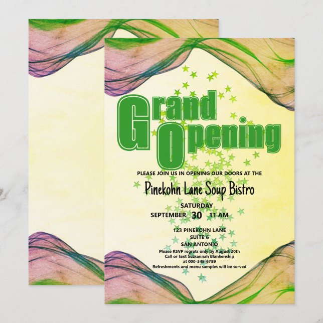 Grand Opening Green Yellow Border Wave Stars Invitation (Front/Back)