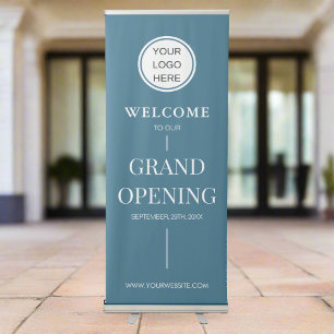 Grand Opening l Business Company Logo Text Blue Retractable Banner