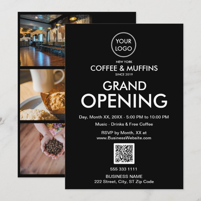 Grand Opening Modern Black Business Logo QR Code Invitation (Front/Back)