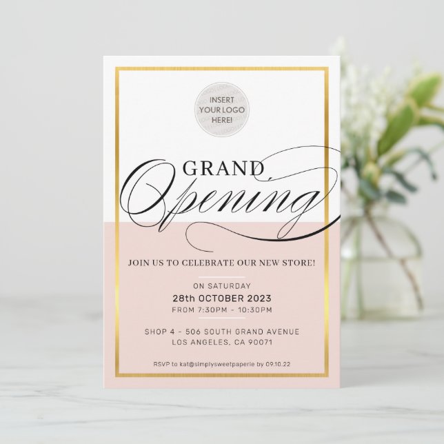 GRAND OPENING modern business logo black pink gold Invitation (Standing Front)