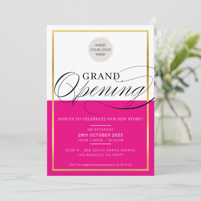 GRAND OPENING modern business logo hot pink gold Invitation (Standing Front)