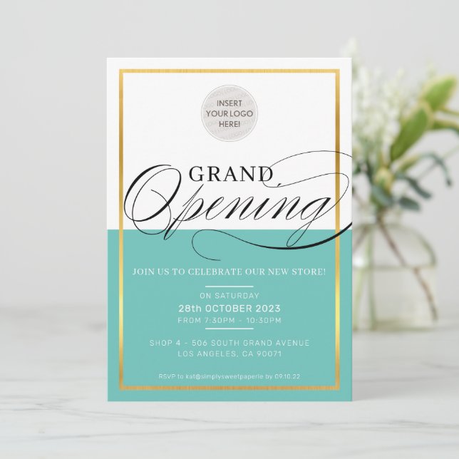 GRAND OPENING modern business logo mint green gold Invitation (Standing Front)