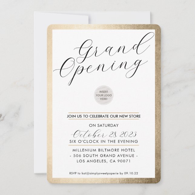 GRAND OPENING modern calligraphy business gold Invitation (Front)