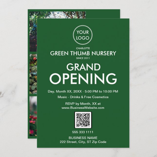 Grand Opening Modern Green Business Logo QR Code Invitation (Front/Back)