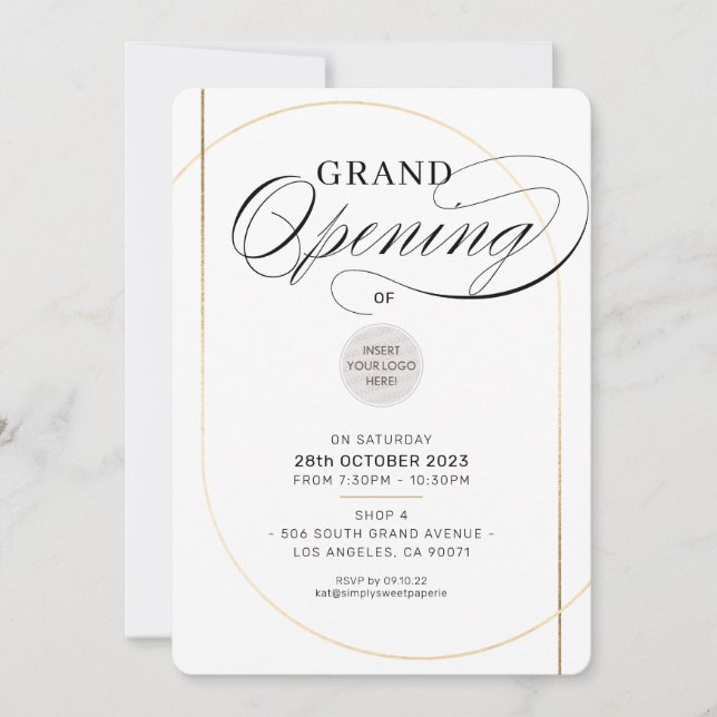 GRAND OPENING modern minimal business black gold Invitation (Front)