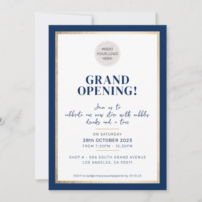 GRAND OPENING modern minimal logo store navy gold Invitation (Front)