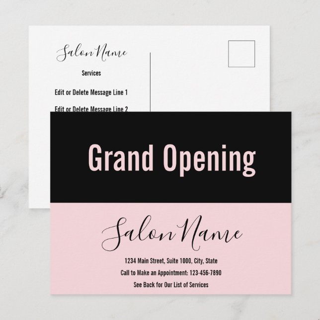 Grand Opening Pale Pink Black Script Beauty Salon Postcard (Front/Back)