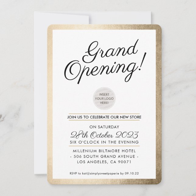 GRAND OPENING PARTY modern business gold Invitation (Front)