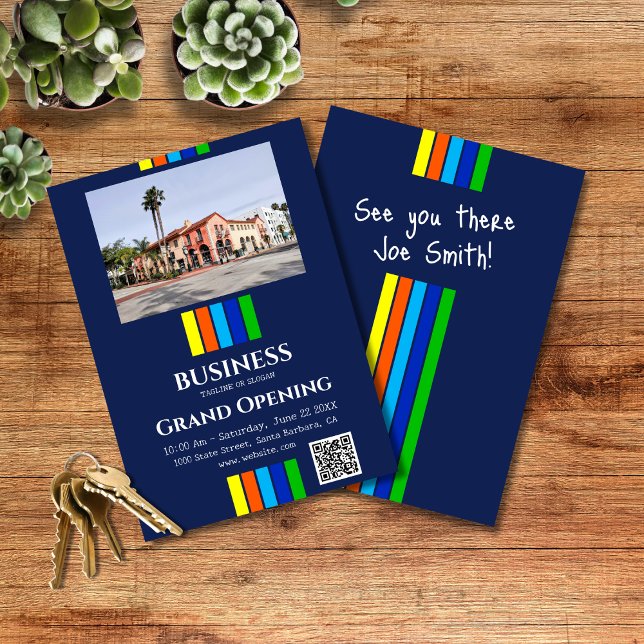 Grand Opening Stripes QR Code Photo Vertical Invitation (Creator Uploaded)