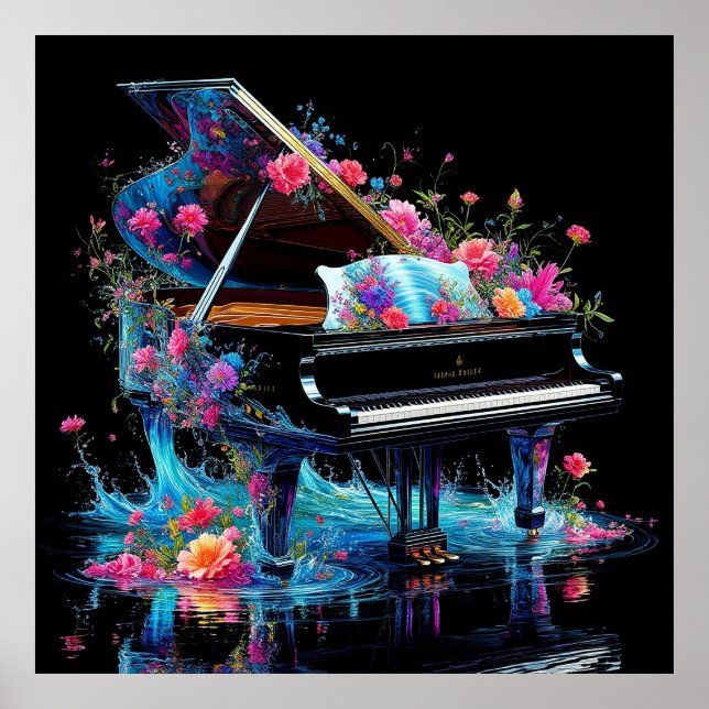 Grand Piano Adorned with Artistic Floral Poster (Front)