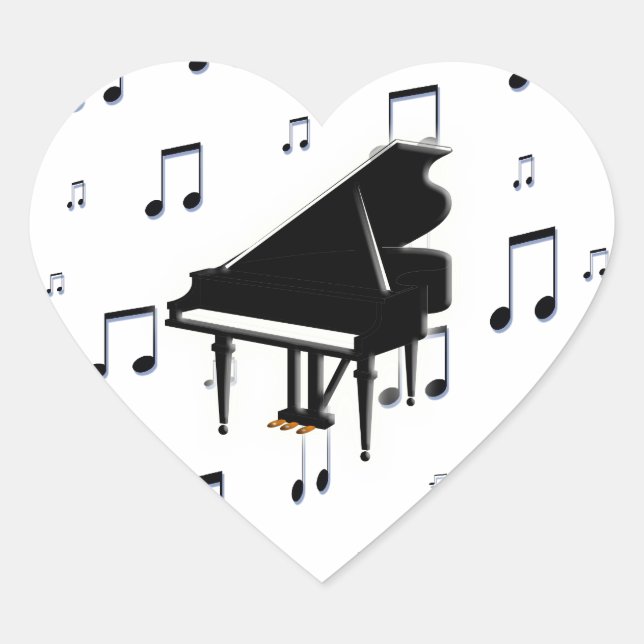 Grand Piano and Music Notes Heart Sticker (Front)