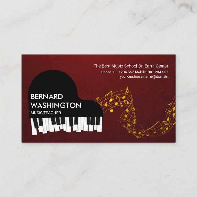 Grand Piano Gold Music Notes Pianist Business Card (Front)