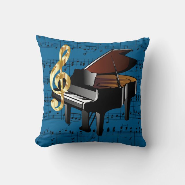 Grand Piano Gold Treble Clef Blue Sheet Music Cushion (Front)